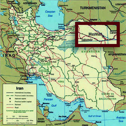 Map of Iran with the Khorason province in the Northeast.