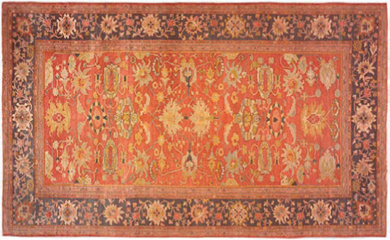 An example of this kind of decorative rug with a large scale decentralized pattern is this antique Persian Ziegler Sultanabad carpet, 12’4” × 20’8”, circa 1890.