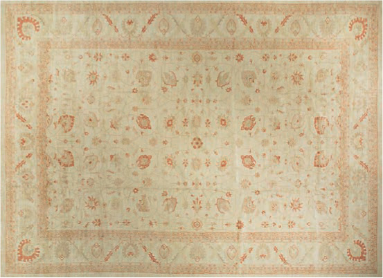 An example of a reproduction Indian rug that was woven in India and recreates ancient Persian Ziegler Sultanabad rug motifs in simpler colors and spacing. 16’3” × 22’6”