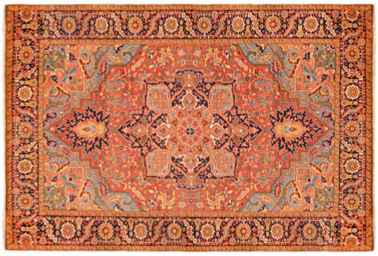 An example of a vintage rug is this vintage Persian Heriz rug, 9’3” × 12’4”, circa 1930.