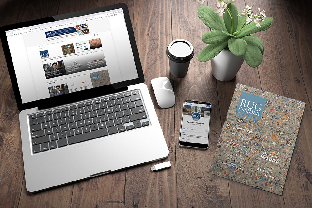 A laptop, magazine and phone displaying ways to read Rug insider Magazine